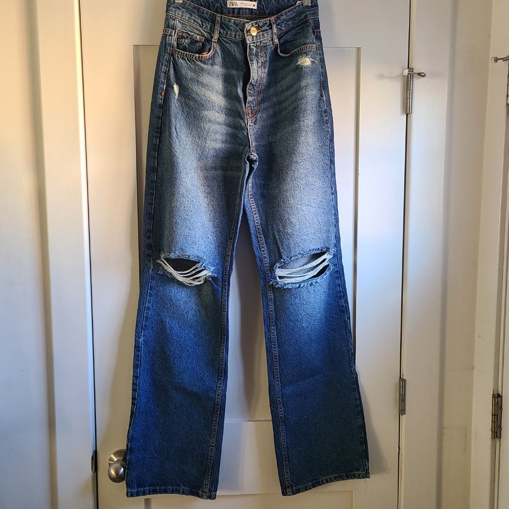 ZARA FULL LENGTH RIPPED HIGH RISE JEANS - Picture 4 of 5